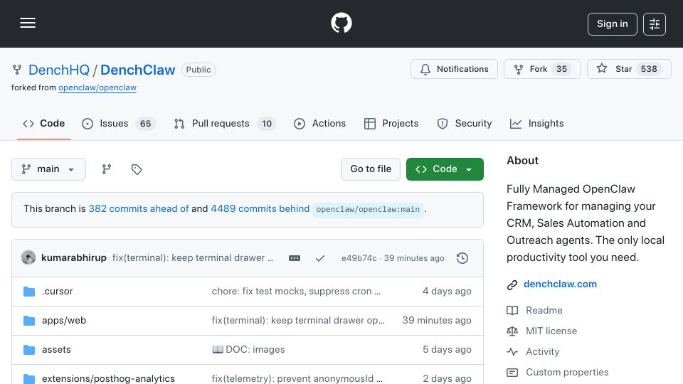Screenshot of github.com: Show HN: DenchClaw – Local CRM on Top of OpenClaw