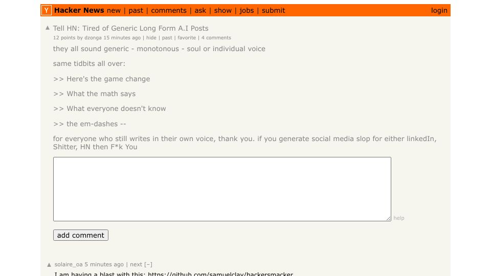 Screenshot of Hacker News post: Tell HN: Tired of Generic Long Form A.I Posts