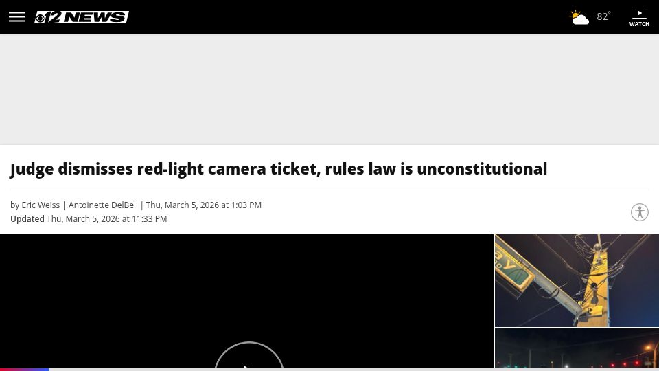 Screenshot of cbs12.com: Florida judge rules red light camera tickets are unconstitutional