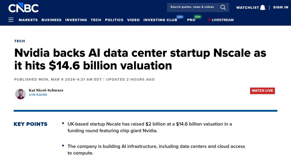Screenshot of cnbc.com: Nvidia backs AI data center startup Nscale as it hits $14.6B valuation