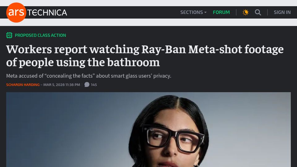 Screenshot of arstechnica.com: Workers report watching Ray-Ban Meta-shot footage of people using the bathroom