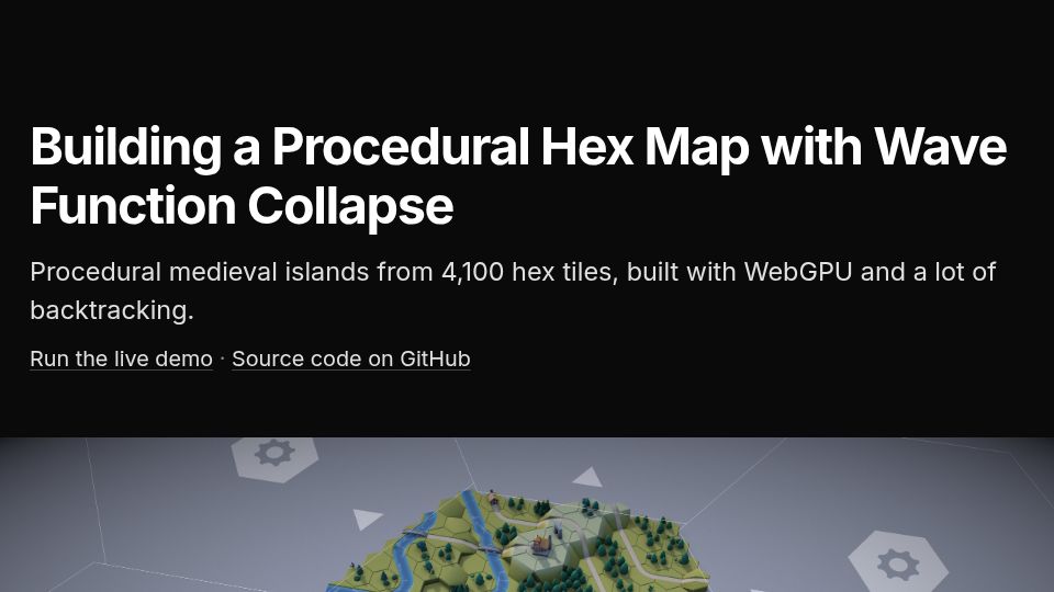 Screenshot of felixturner.github.io: Building a Procedural Hex Map with Wave Function Collapse