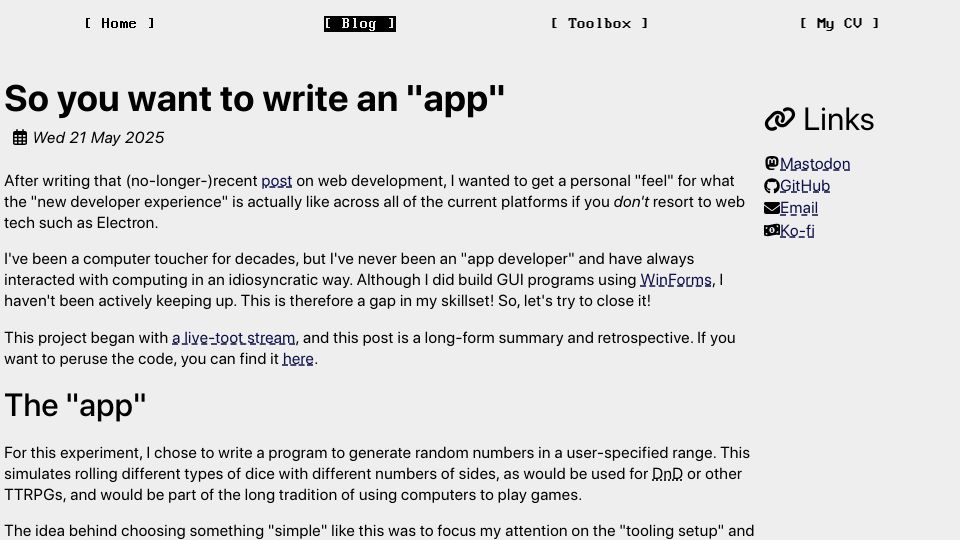 Screenshot of arcanenibble.github.io: So you want to write an “app” (2025)