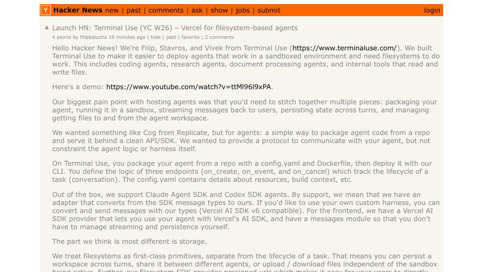 Screenshot of Hacker News post: Launch HN: Terminal Use (YC W26) – Vercel for filesystem-based agents
