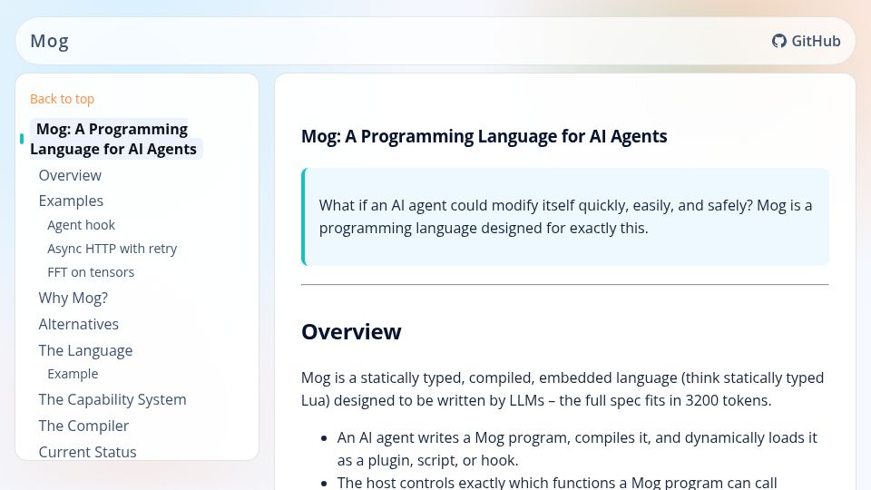 Screenshot of moglang.org: Show HN: The Mog Programming Language