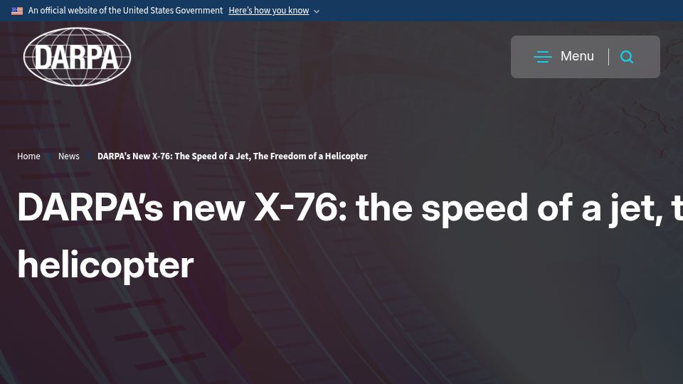 Screenshot of darpa.mil: DARPA’s new X-76