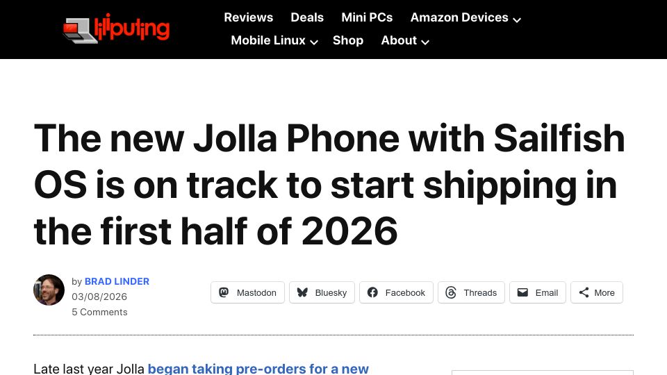 Screenshot of liliputing.com: Jolla on track to ship new phone with Sailfish OS, user-replaceable battery