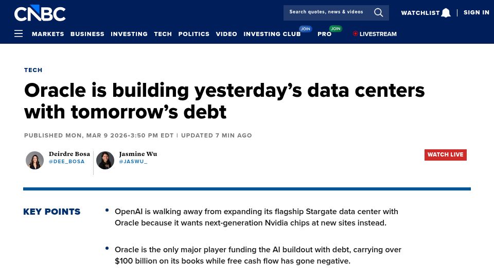 Screenshot of cnbc.com: OpenAI is walking away from expanding its Stargate data center with Oracle