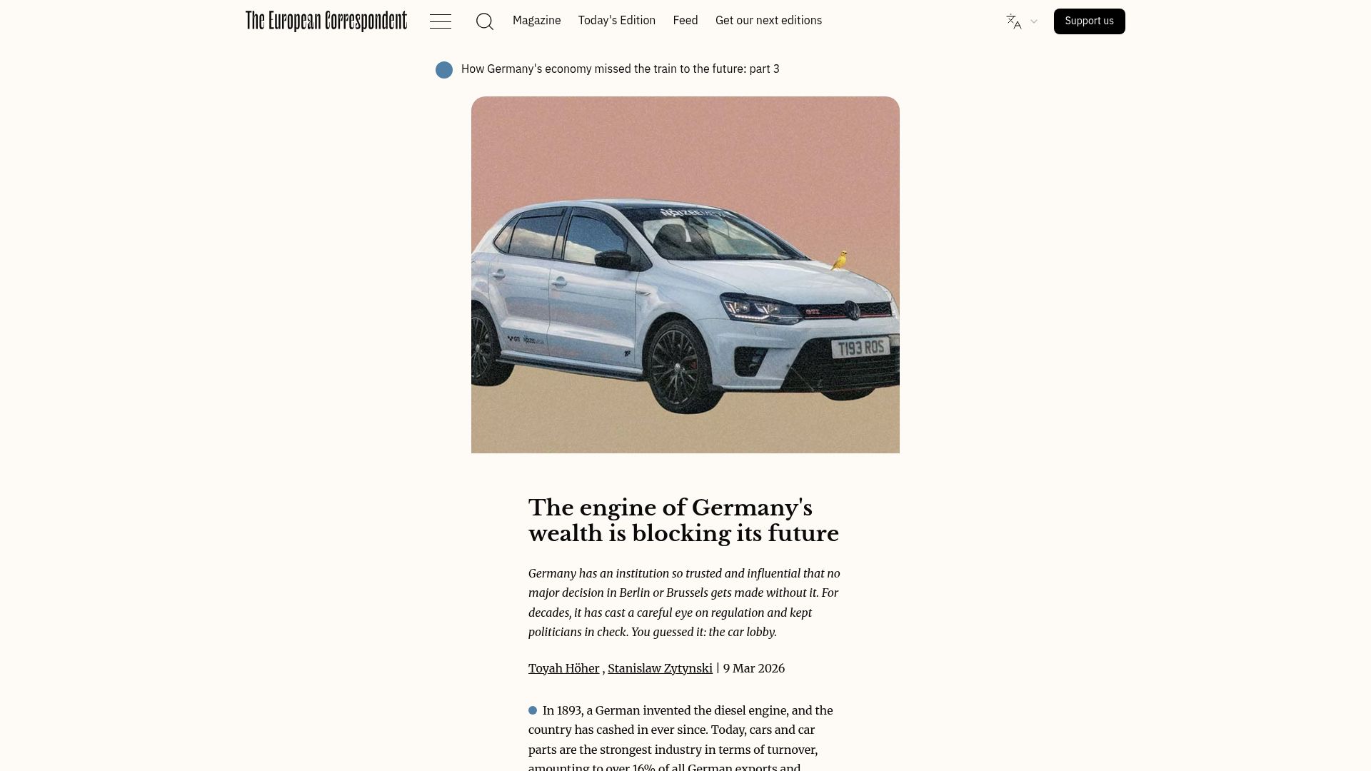 Screenshot of europeancorrespondent.com: The engine of Germany's wealth is blocking its future