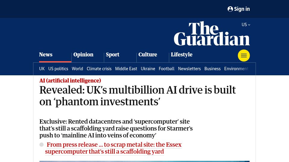 Screenshot of theguardian.com: Revealed: UK's multibillion AI drive is built on 'phantom investments'
