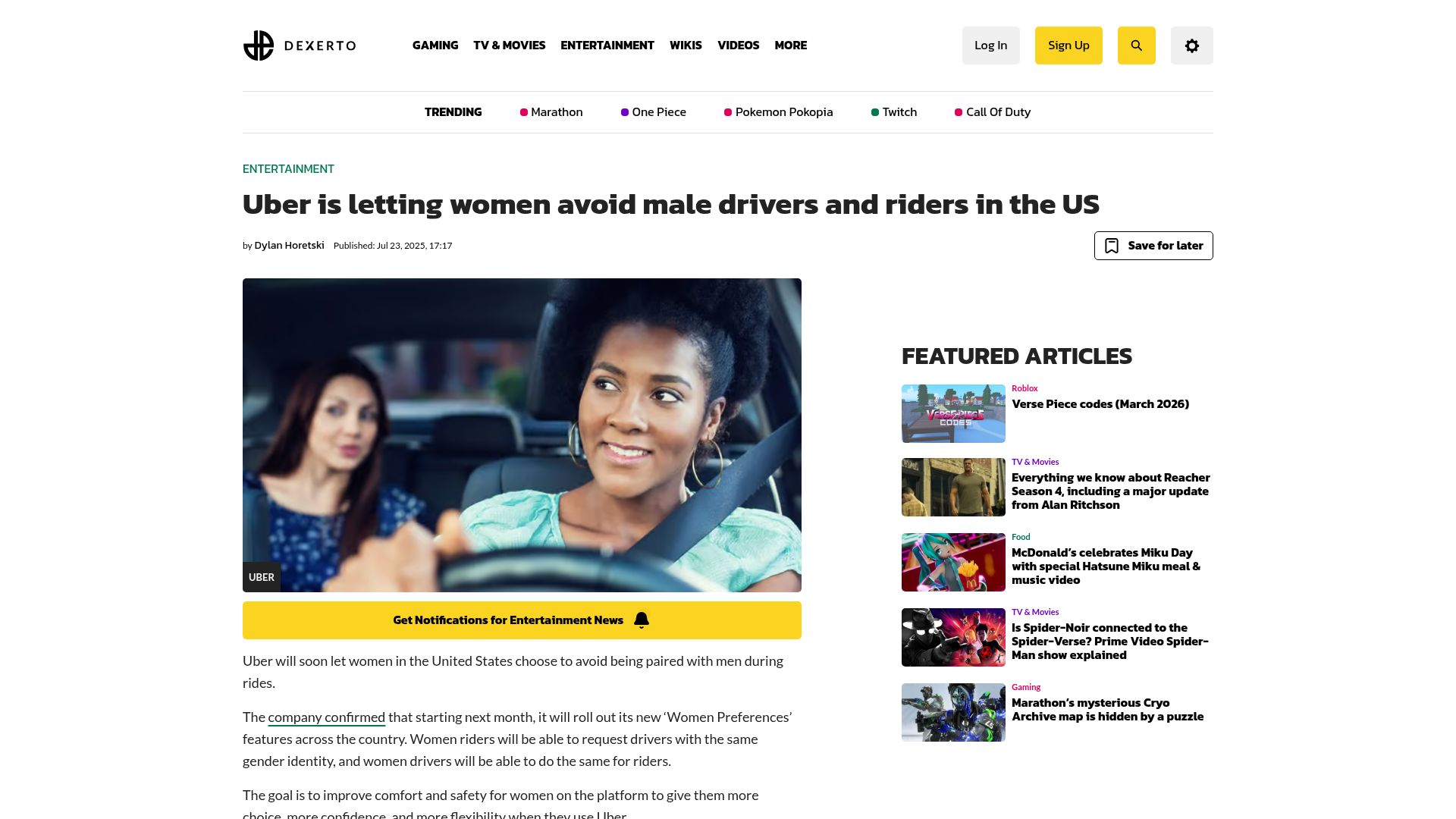 Screenshot of dexerto.com: Uber is letting women avoid male drivers and riders in the US
