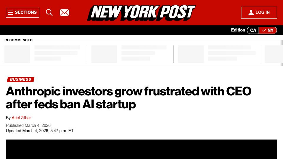 Screenshot of nypost.com: Anthropic investors grow frustrated with CEO after feds ban AI startup