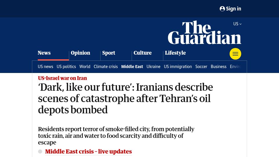 Screenshot of theguardian.com: Iranians describe scenes of catastrophe after Tehran's oil depots bombed