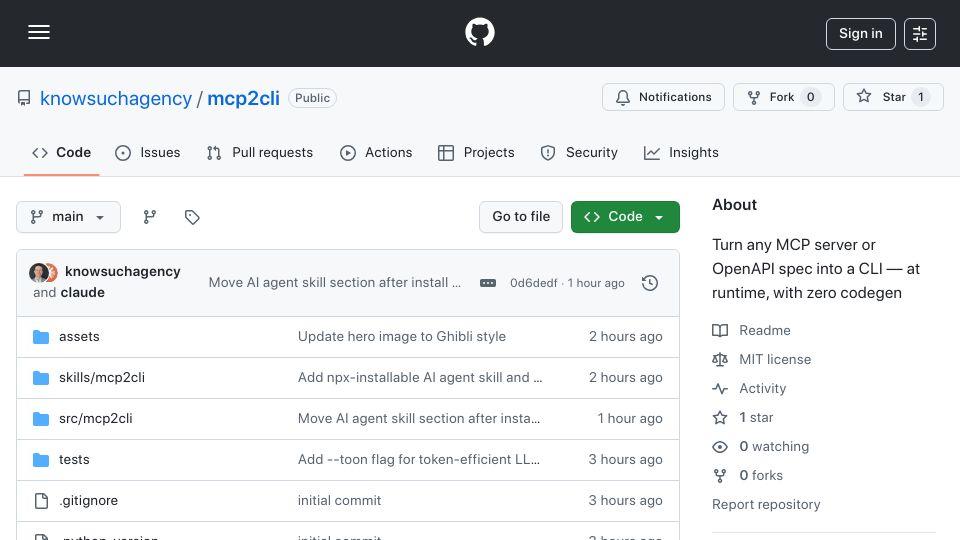 Screenshot of github.com: Show HN: Mcp2cli – One CLI for every API, 96-99% fewer tokens than native MCP