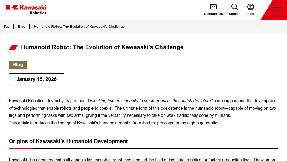 Screenshot of kawasakirobotics.com: Humanoid robot: The evolution of Kawasaki’s challenge