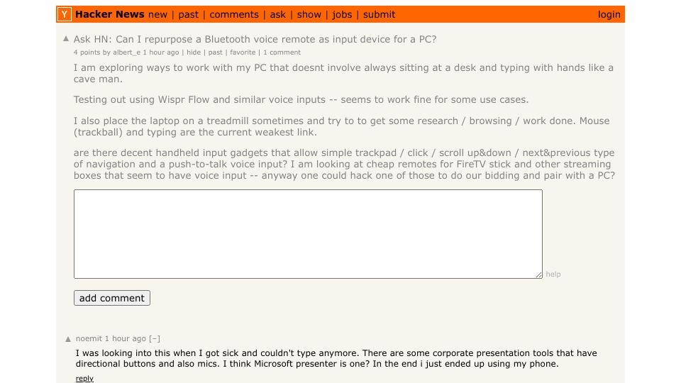 Screenshot of Hacker News post: Ask HN: Can I repurpose a Bluetooth voice remote as input device for a PC?