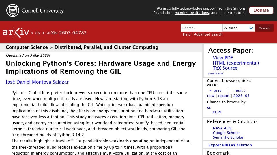 Screenshot of arxiv.org: Unlocking Python's Cores:Energy Implications of Removing the GIL