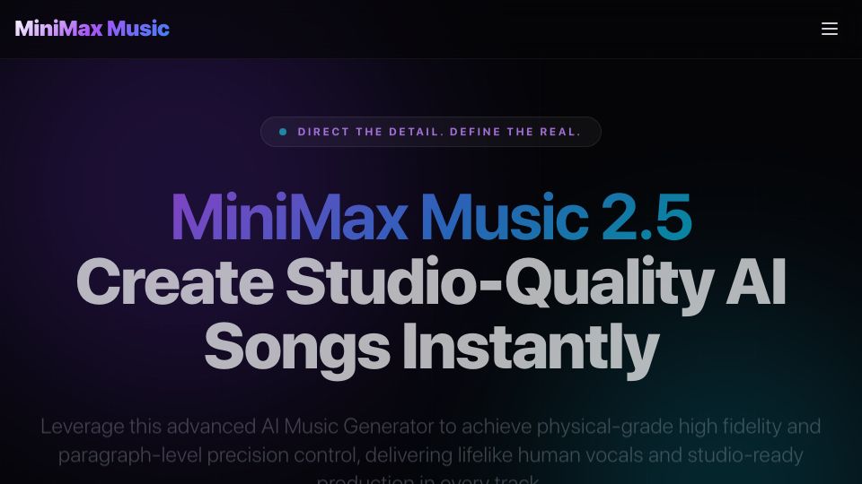 Screenshot of minimax-music.com: MiniMax Music 2.5 – AI Music Generation Model for Fast Song Creation