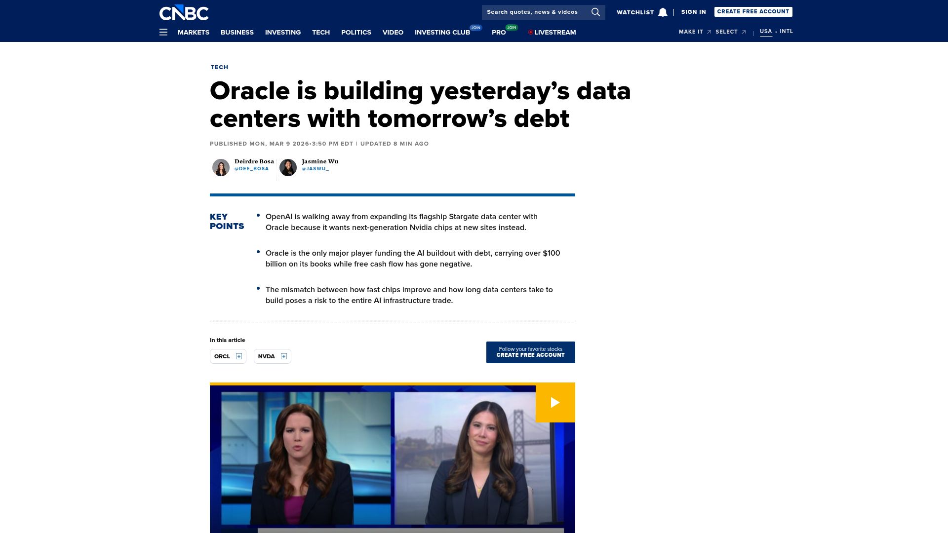 Screenshot of cnbc.com: OpenAI is walking away from expanding its Stargate data center with Oracle