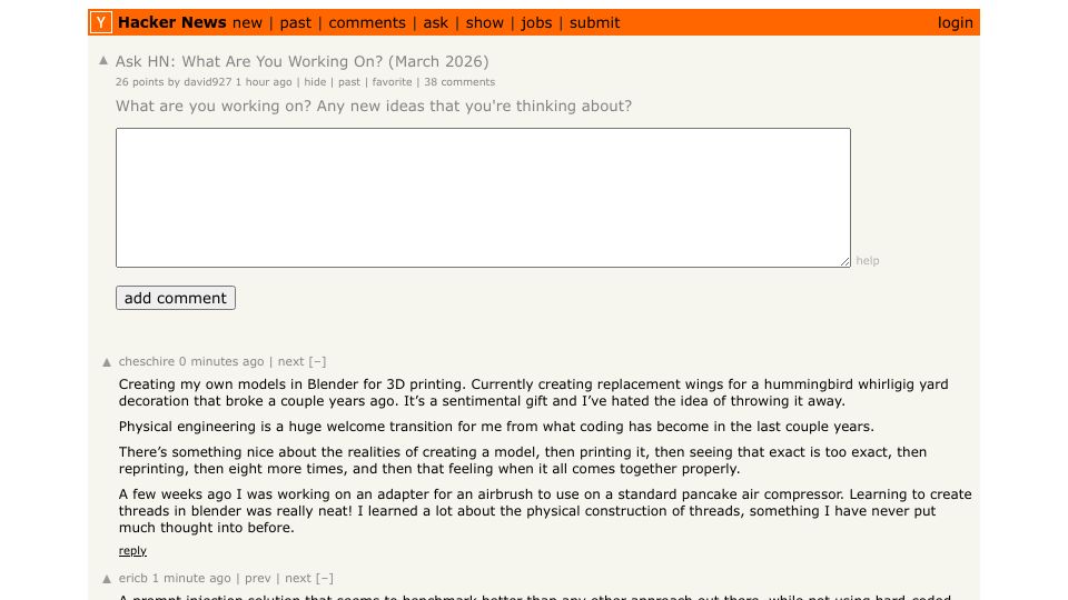 Screenshot of Hacker News post: Ask HN: What Are You Working On? (March 2026)
