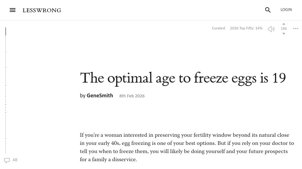 Screenshot of lesswrong.com: The optimal age to freeze eggs is 19