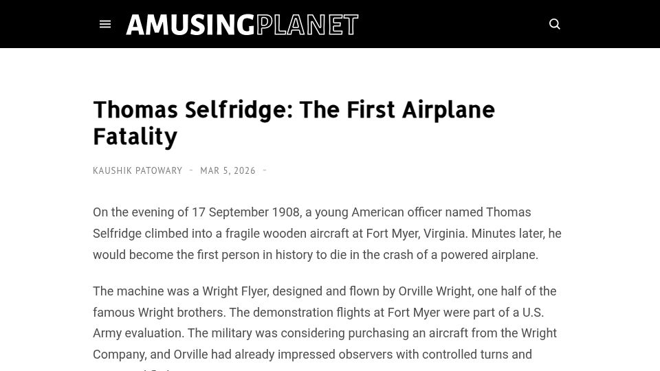 Screenshot of amusingplanet.com: The first airplane fatality