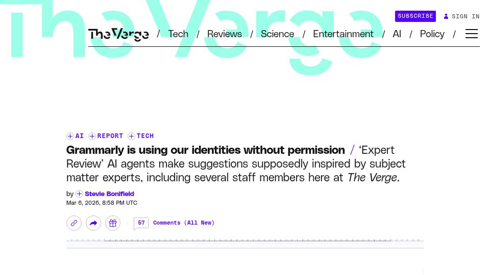 Screenshot of theverge.com: Grammarly is using our identities without permission