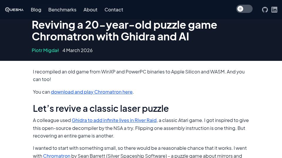 Screenshot of quesma.com: Show HN: Reviving a 20-year-old puzzle game Chromatron with Ghidra and AI