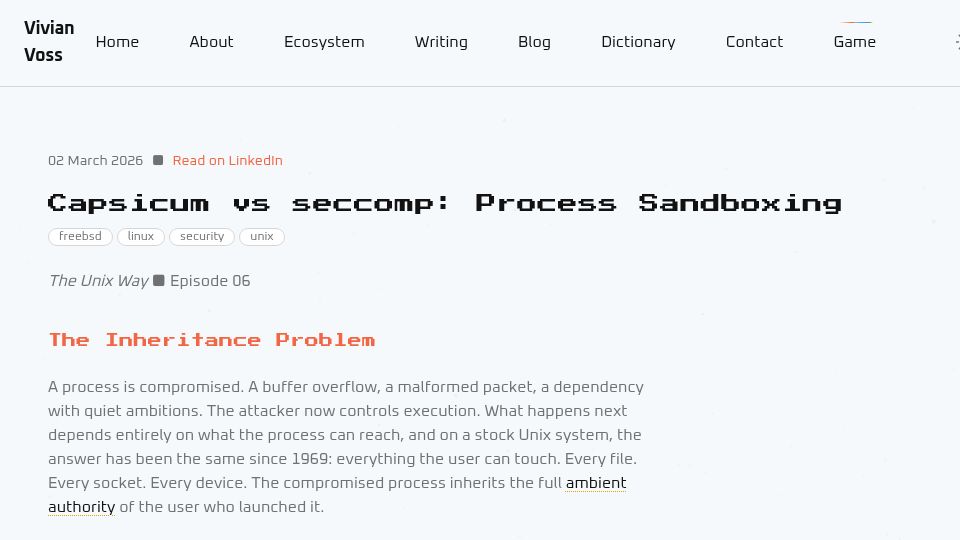 Screenshot of vivianvoss.net: FreeBSD Capsicum vs. Linux Seccomp Process Sandboxing