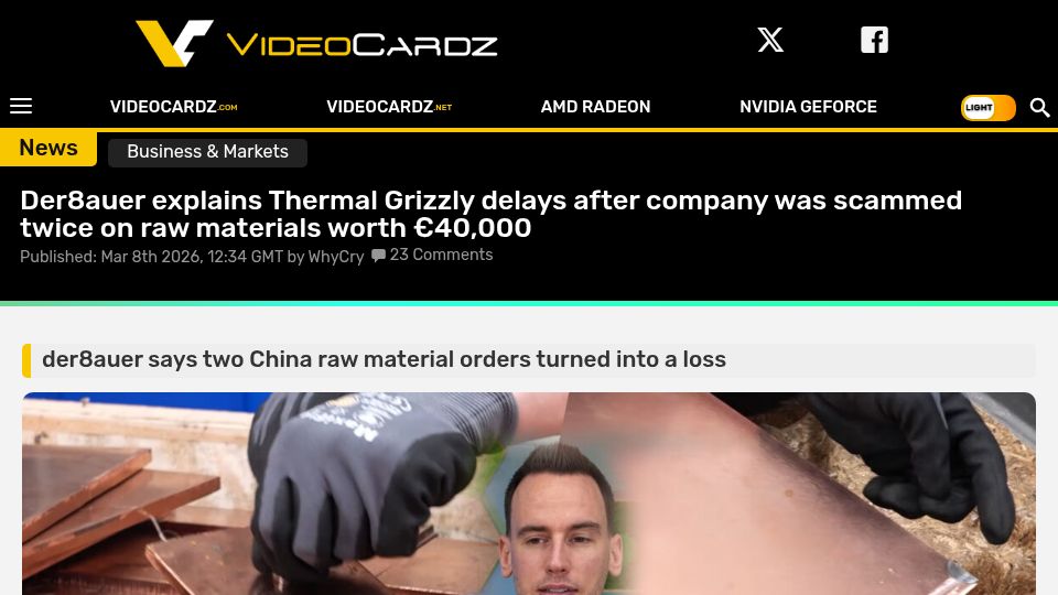 Screenshot of videocardz.com: Thermal Grizzly was scammed twice on raw materials worth €40k