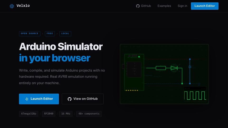 Screenshot of velxio.dev: Velxio, Arduino Emulator