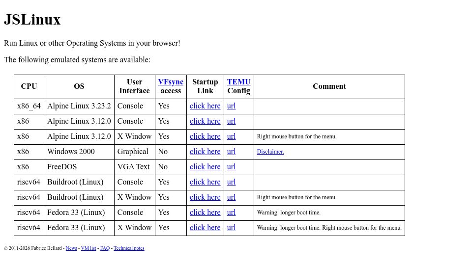 Screenshot of bellard.org: JSLinux Now Supports x86_64