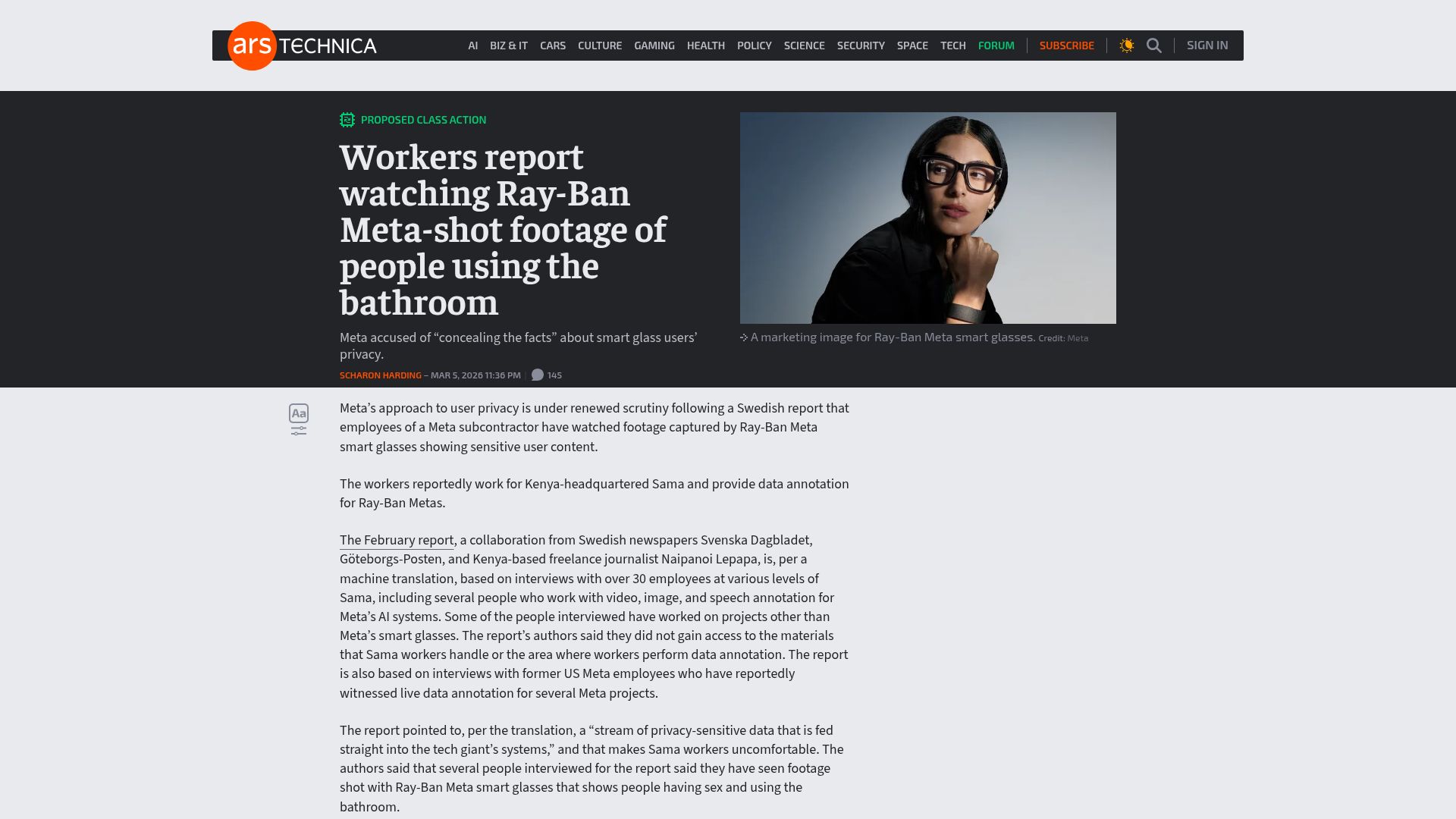 Screenshot of arstechnica.com: Workers report watching Ray-Ban Meta-shot footage of people using the bathroom