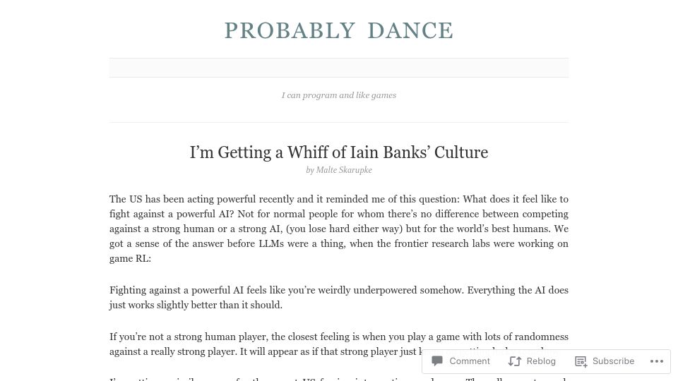 Screenshot of probablydance.com: I'm Getting a Whiff of Iain Banks' Culture