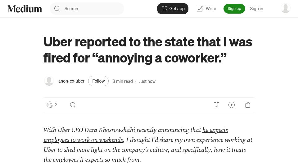 Screenshot of anon-ex-uber.medium.com: Uber reported to the state that I was fired for "annoying a coworker."