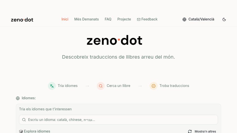 Screenshot of zenodot.app: Show HN: Zenòdot – Find if a book has been translated into your language