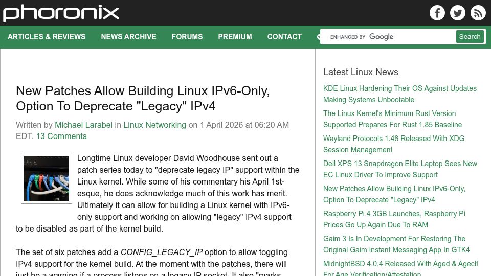 Screenshot of phoronix.com: New patches allow building Linux IPv6-only