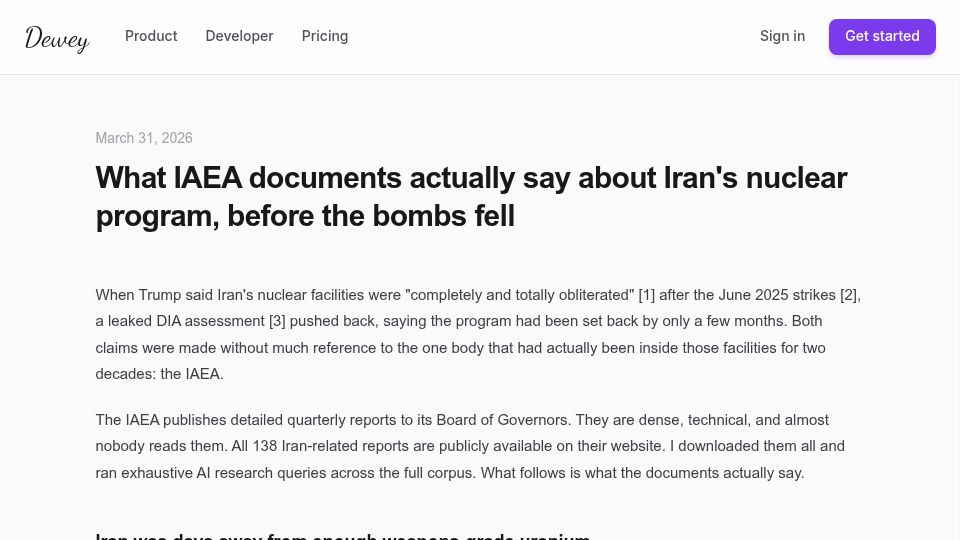 Screenshot of meetdewey.com: What IAEA docs say about Iran's nuclear program, before the bombs fell