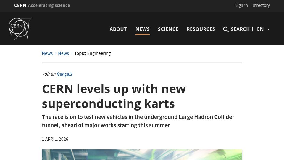 Screenshot of home.cern: CERN levels up with new superconducting karts