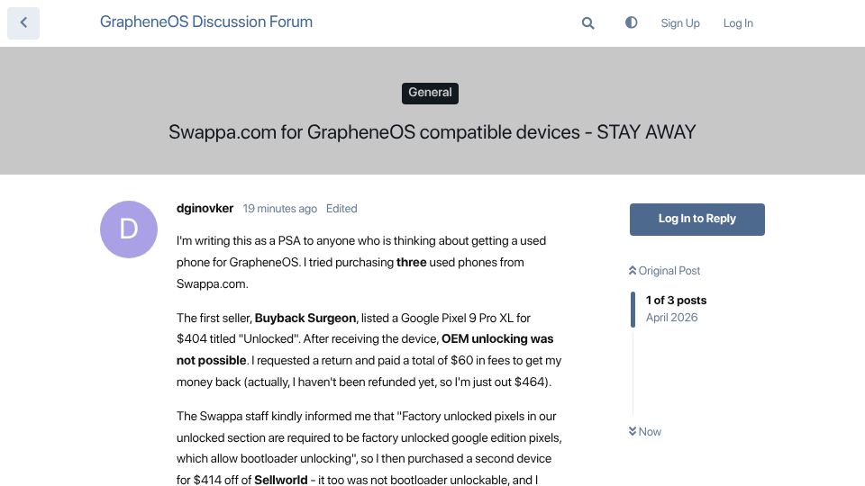 Screenshot of discuss.grapheneos.org: Swappa.com for GrapheneOS compatible devices – Stay Away