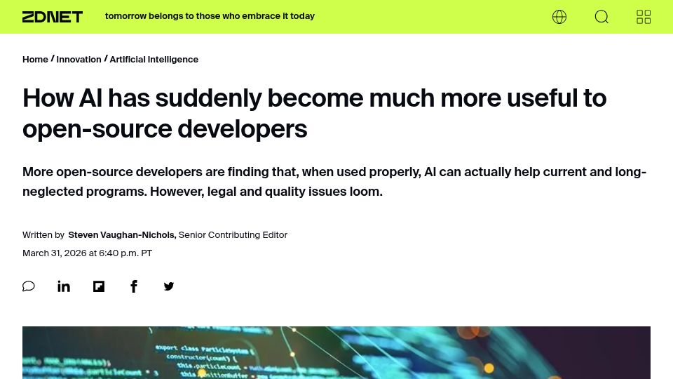 Screenshot of zdnet.com: AI has suddenly become more useful to open-source developers