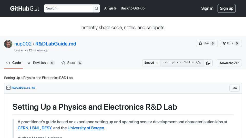 Screenshot of gist.github.com: How-to guide: Commissioning a Sensor Physics R&D Lab