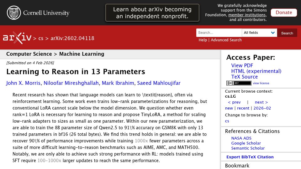 Screenshot of arxiv.org: TinyLoRA – Learning to Reason in 13 Parameters