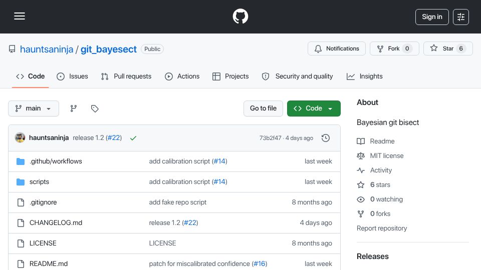 Screenshot of github.com: Show HN: Git bayesect – Bayesian Git bisection for non-deterministic bugs