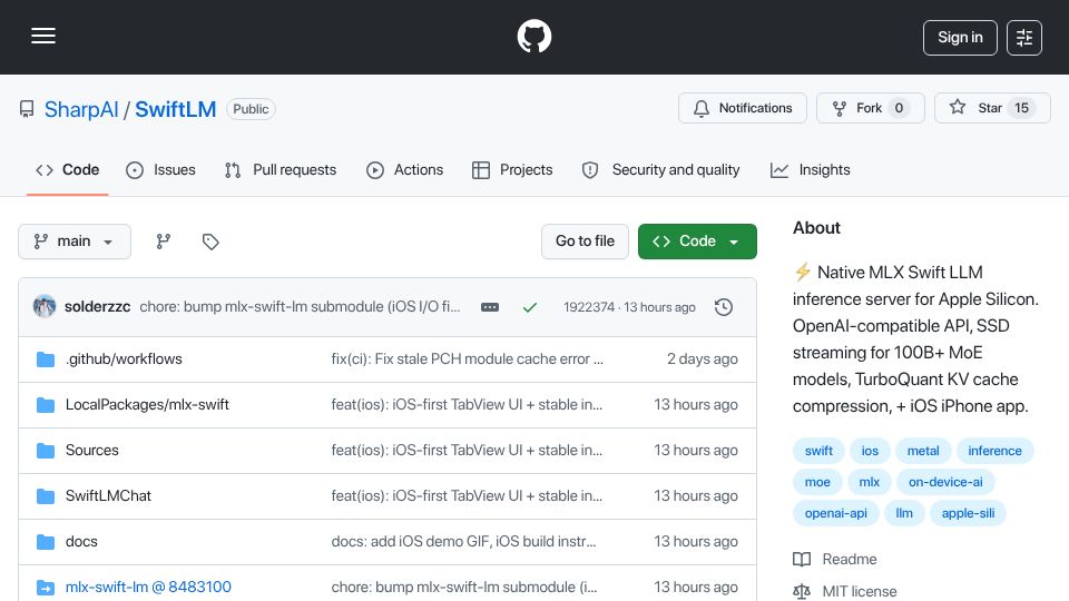 Screenshot of github.com: TurboQuant KV Compression and SSD Expert Streaming for M5 Pro and IOS