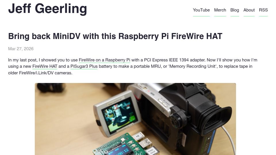 Screenshot of jeffgeerling.com: Bring Back MiniDV with This Raspberry Pi FireWire Hat