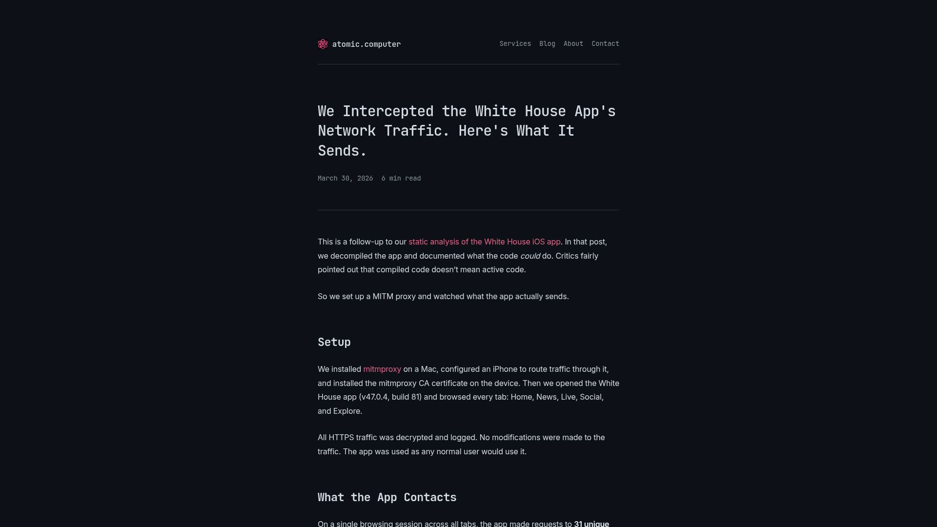 Screenshot of atomic.computer: We intercepted the White House app's network traffic