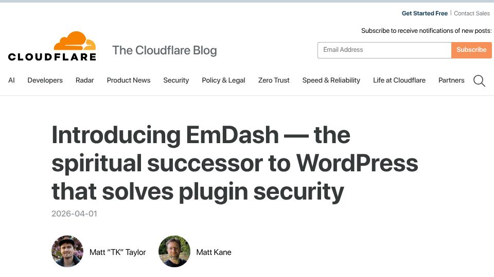 Screenshot of blog.cloudflare.com: EmDash – A spiritual successor to WordPress that solves plugin security