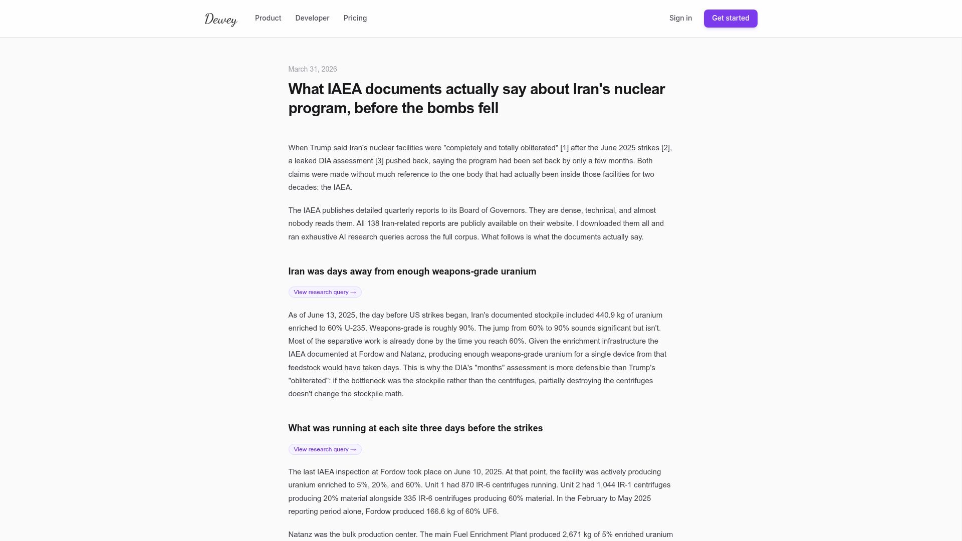 Screenshot of meetdewey.com: What IAEA docs say about Iran's nuclear program, before the bombs fell