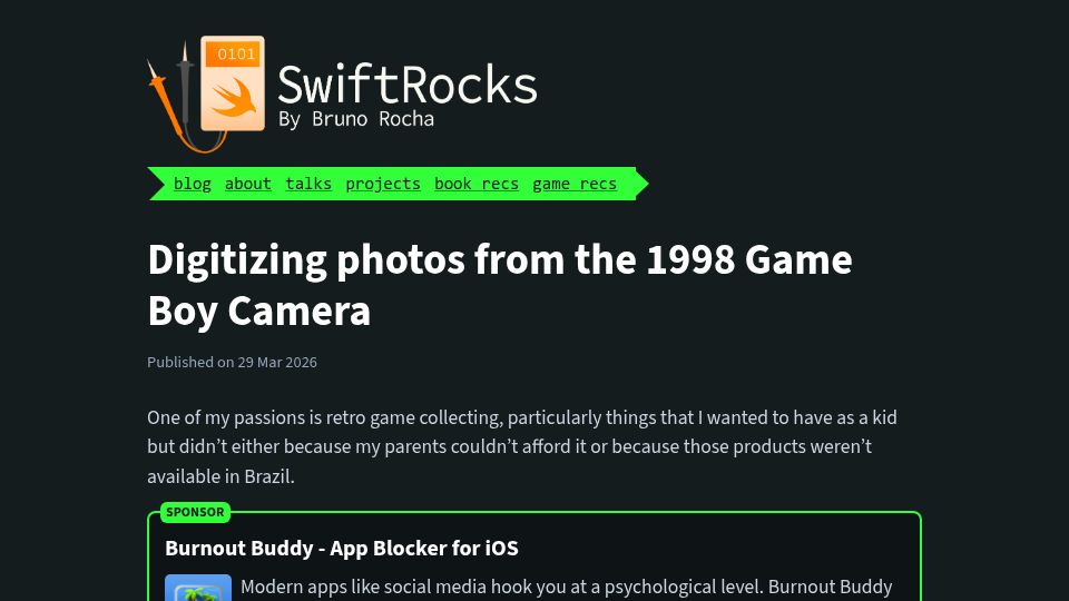 Screenshot of swiftrocks.com: Digitizing photos from the 1998 Game Boy Camera